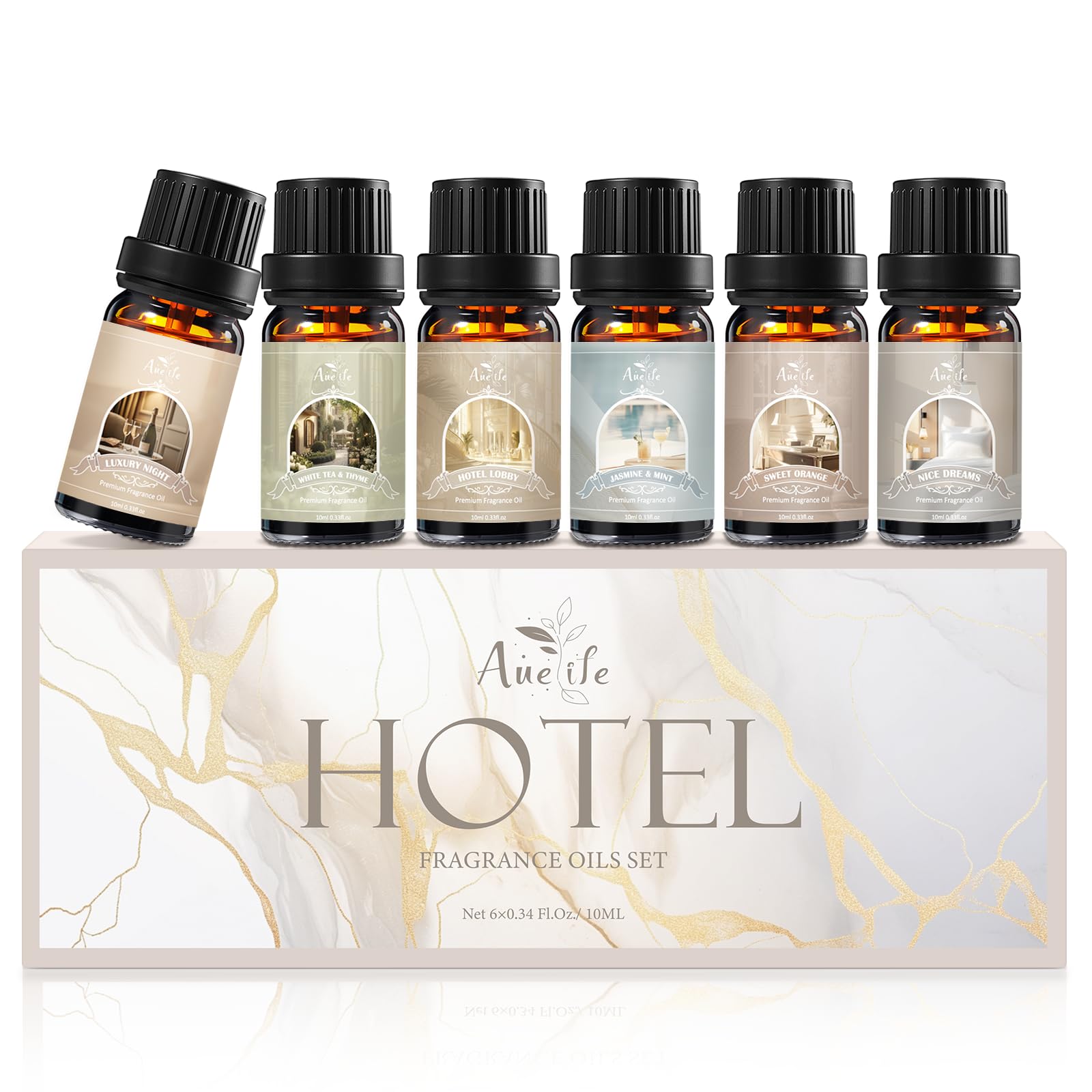 Hotel Essential Oils Set - 6 Premium Scents for Diffuser, Aromatherapy, Home, Spa, Candle Making, Fragrance Oil Set - Hotel Lobby, White Tea Thyme, Good Night, Jasmine Mint, Orange, Luxurious Night