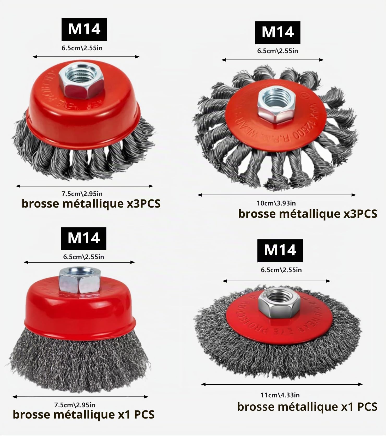 Lot de 8 brosse metallique meuleuse m14 pour meuleuses d'angle, brosse metallique disqueuse m14,80 mm et brosse métallique flexible 120 mm, pour rouiller, polir, meuler