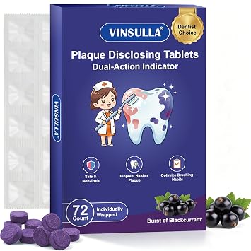 VINSULLA Plaque Disclosing Tablets for Kids & Adults, 72 Count | Individually Sealed Packs, Professional Dental Stain Indicator, For Braces, Dentures & Deep Cleaning