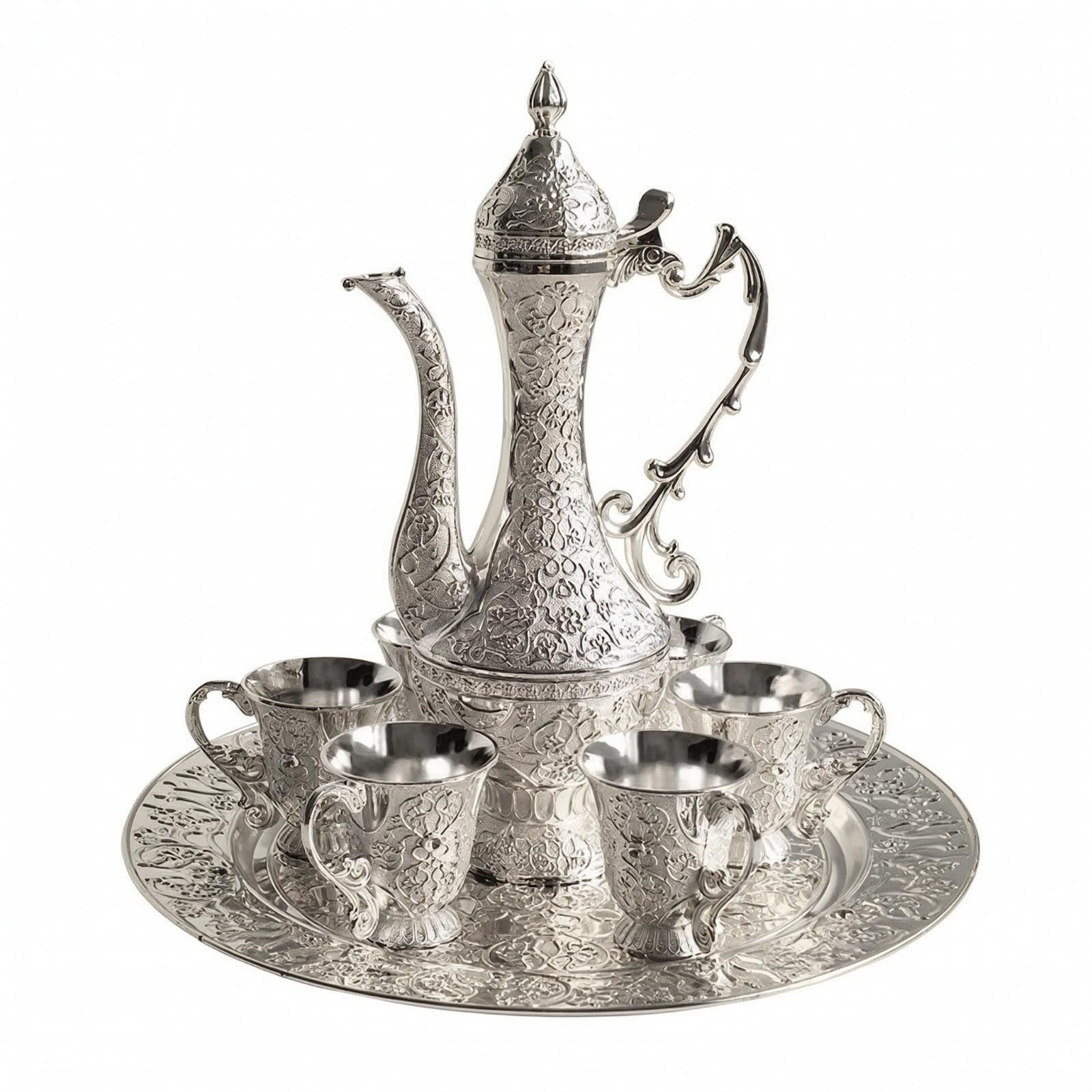 Servizio da Vino con Vassoio Argentato Decanter con Bicchieri Decorato Set di Calici Decanter per Collezionisti, Set Di Teiera E Tazze Con Motivo A Piccoli Fiori