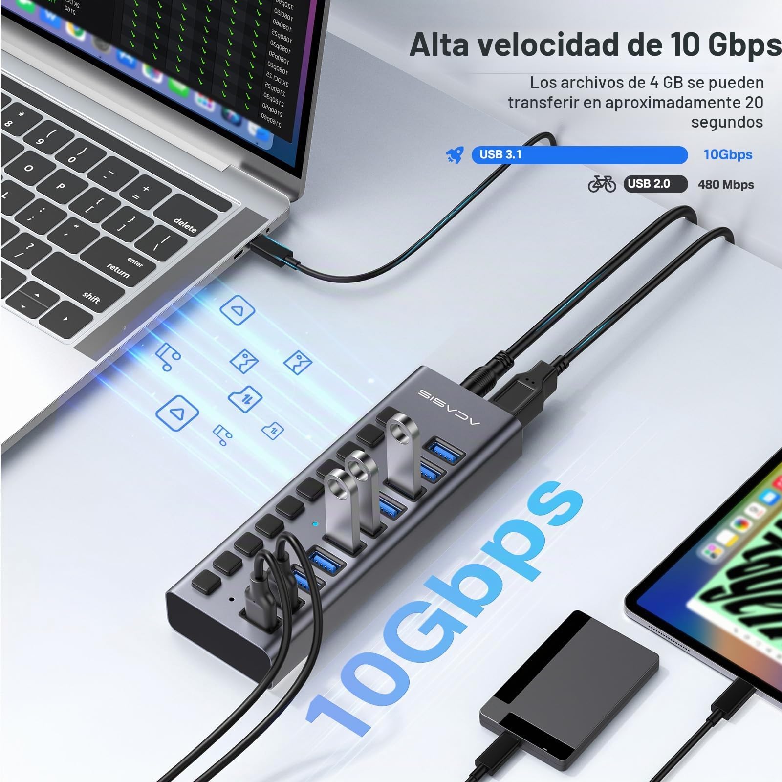ACASIS Hub USB 3.2 de 10 Puertos, 10 Gbps, Adaptador de Corriente 48W | 10 interruptores independientes LED, velocidad de 10 Gbps, adaptador de 48W incluido, Plug & Play, compatible con PC y Mac