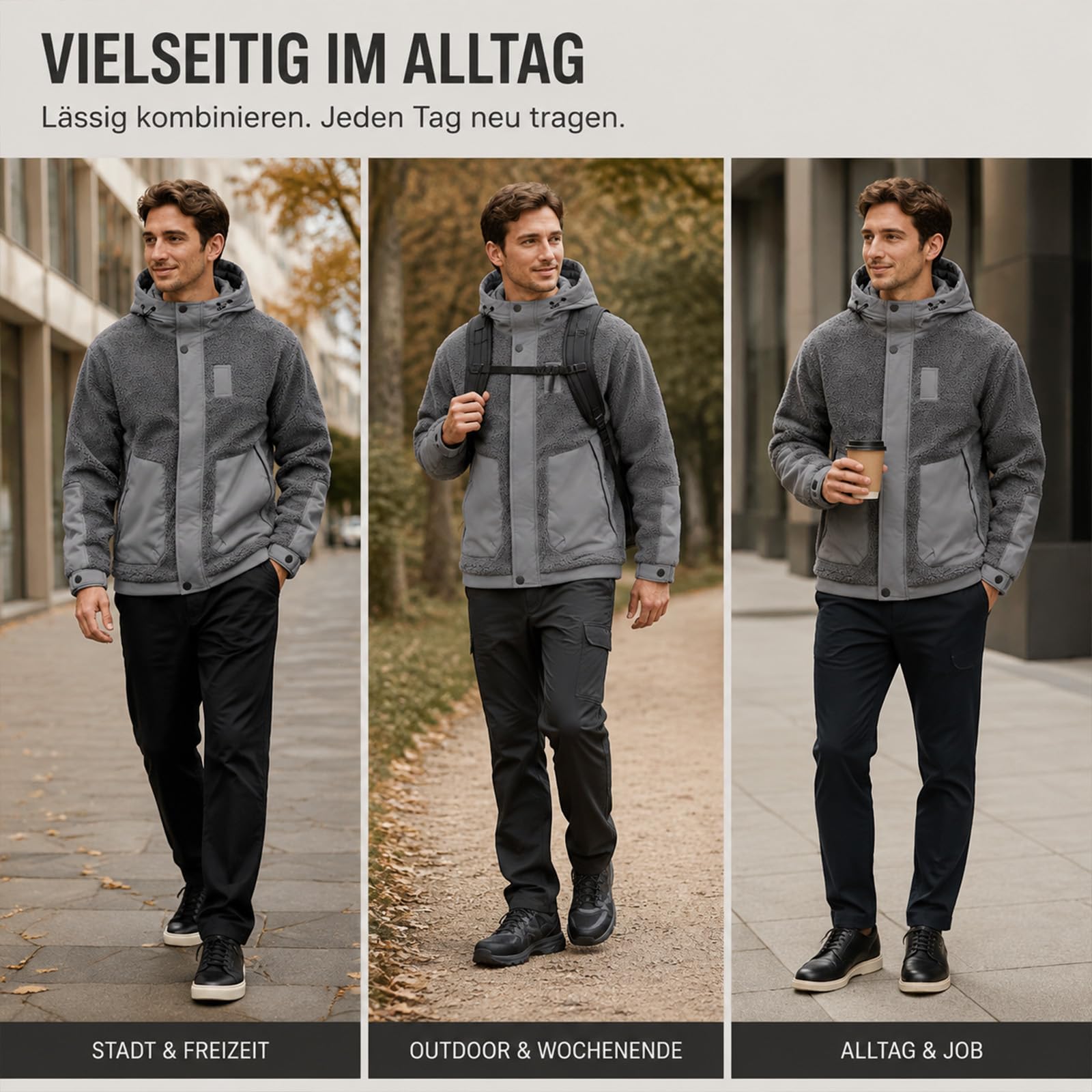 Fleecejacke Herren Outdoor Fleecejacken mit Kapuze Reißverschluss Teddy Jacke Dicker Stoff Wanderjacke für Herbst und Winter Softshelljacke Übergangsjacke für Wanderungen und Outdoor-Abenteuer