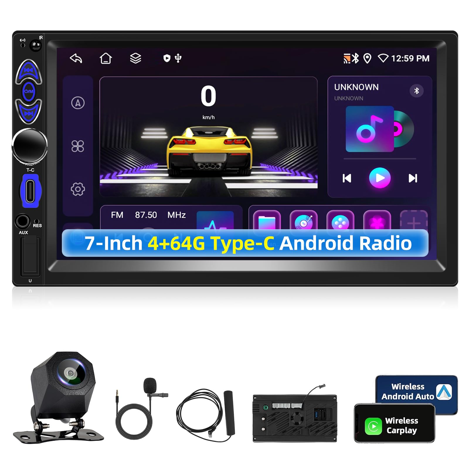 Double Din avec CarPlay/Android Auto sans Fil, 4+64 Go, 2 din, écran Tactile Android 7 Pouces, Navigation GPS, Bluetooth, FM/AM/RDS, WiFi, écran partagé + caméra de recul