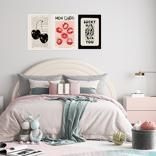 Miniatura 8 de Arte de pared retro de los años 70, lienzo blanco y negro para decoración de pared, juego de 3 póker Lucky You Queen, labios rojos cereza, beso,