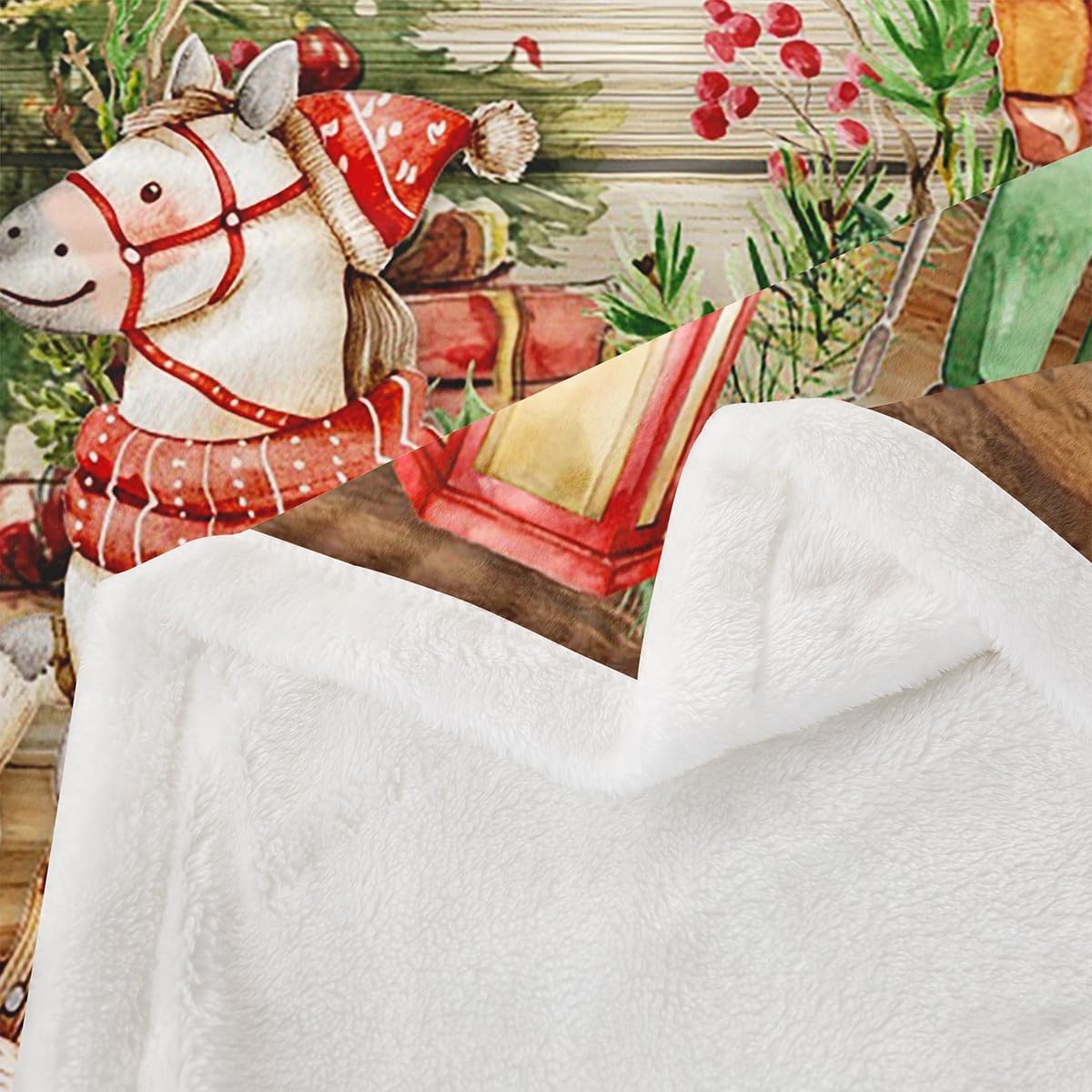 Feelyou Christmas Sherpa Blanket Throw 50"x60" Santa Rider Fleece Throw Blanket for Bed Sofa Couch Snowflake Plush Blanket Horse Fuzzy Blanket Beige Brown