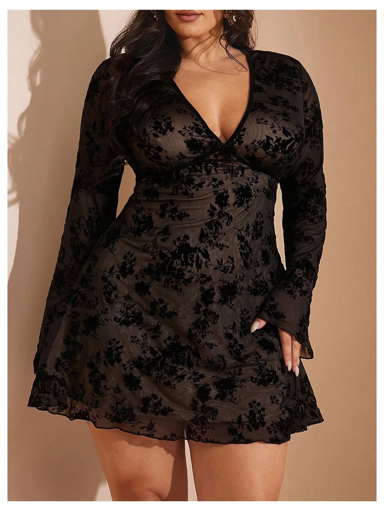 WDIRARA Women's Plus Size Floral Mini Dress Mesh Long Sleeve V Neck Goth A Line Dresses: 3X-Large Plus Black