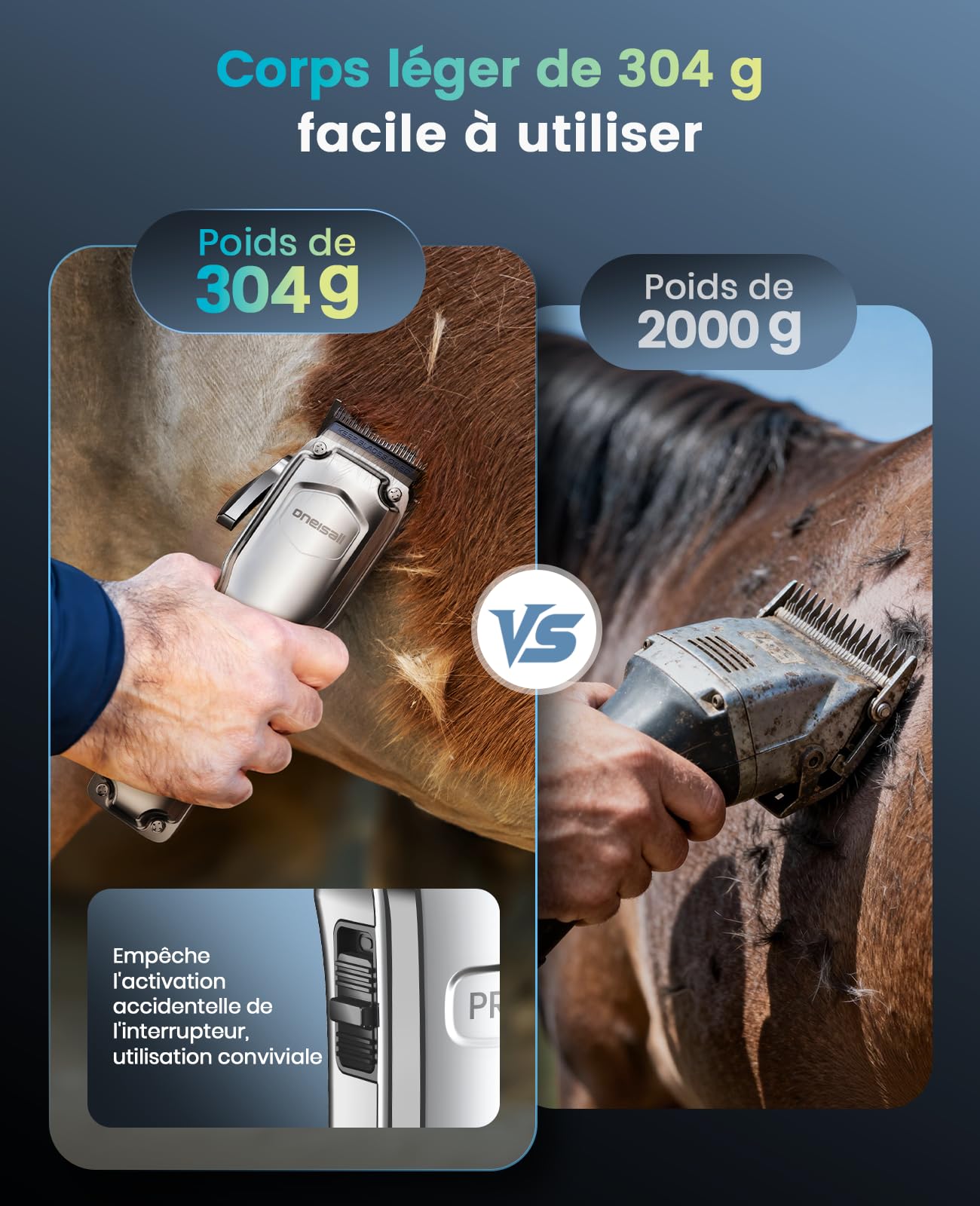 oneisall Tondeuse sans fil silencieuse pour chevaux, tondeuse rechargeable pour chevaux avec 6 accessoires et lame amovible en acier inoxydable, autonomie de 4 heures, tondeuse pour chevaux et chiens