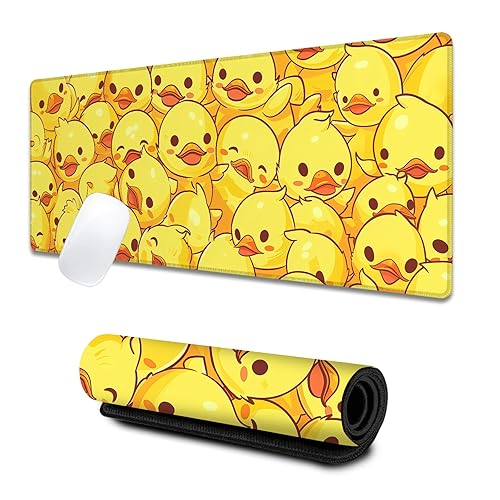 VODRM Yellow Duck Large Gaming Desk Mat,Rubber Non-Slip Cute Cartoon Duckling Faces Mouse Pad,31.5x11.8x0.12in Extended Animal Mousepad,Game Lover Mice Pads Gifts,Office Home Deskmat Decor