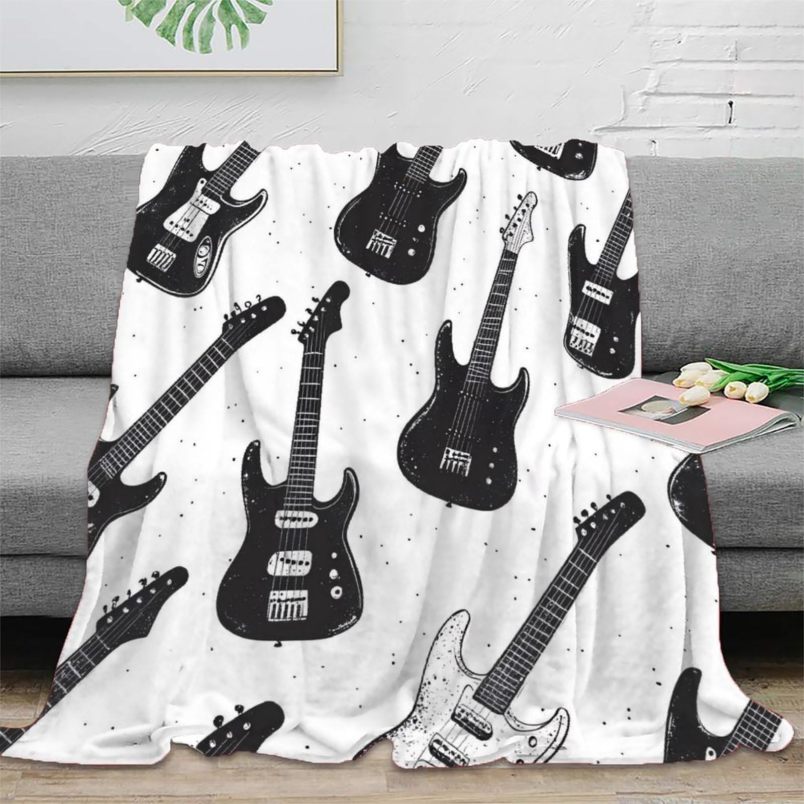 Plaid de salon guitare électrique 3D en microfibre noire et blanche couverture polaire 200x230cm