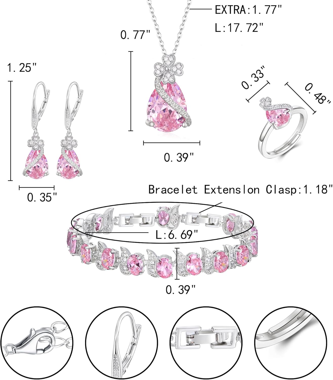 EleQueen 4 Clovers Necklace Earrings Ring Bracelet Set for Women Bride Bridesmaid, Cubic Zirconia Jewelry Set Gift - Image 5