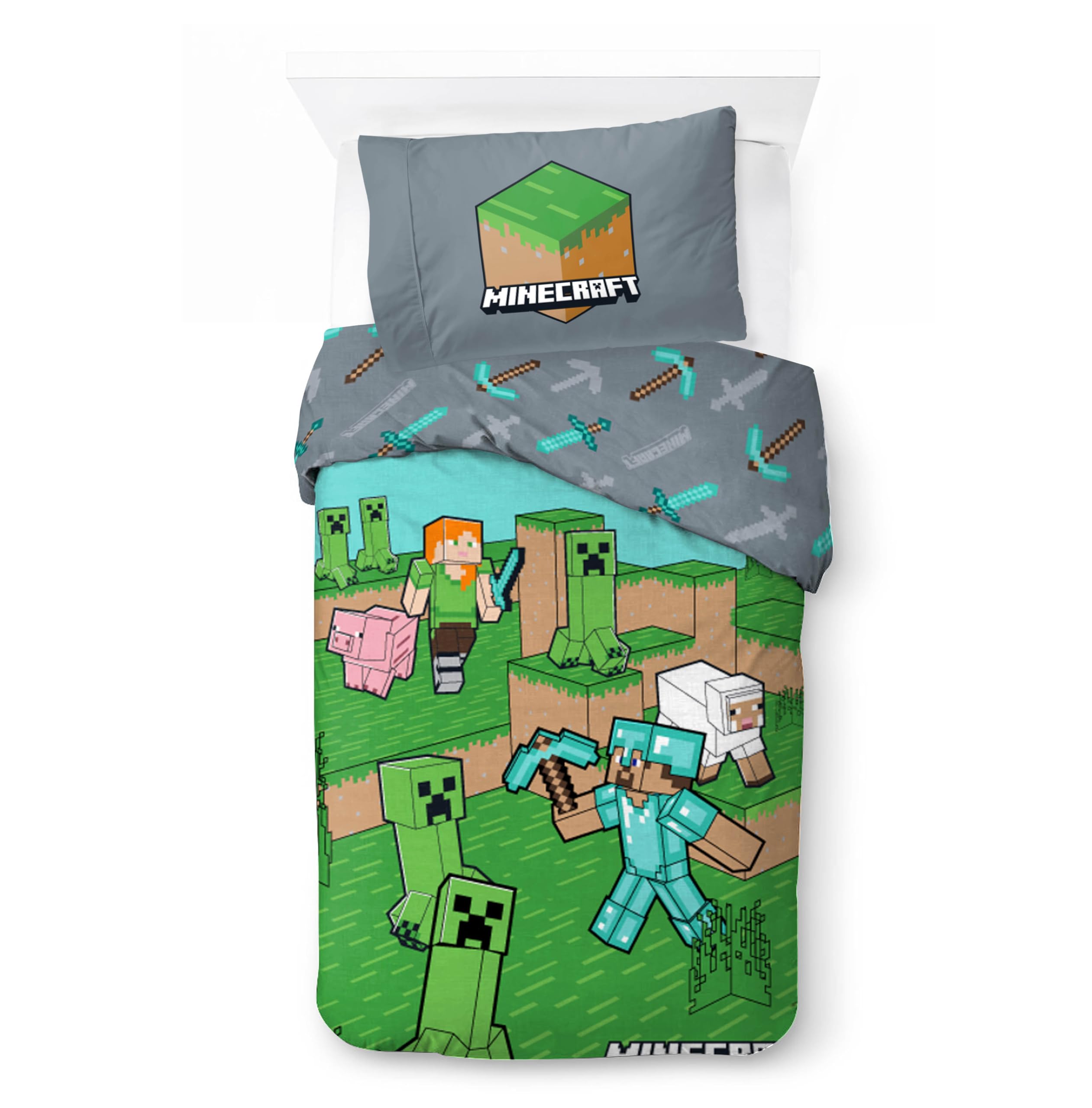 Minecraft Kids Bedding Set | Single Size Duvet Cover 140x200 cm with Pillowcase 50x70 cm, 100% Cotton | Soft, Colorful & Riversible Bedlinen Set for Kids | Official Minecraft ''Animals & Mobs''