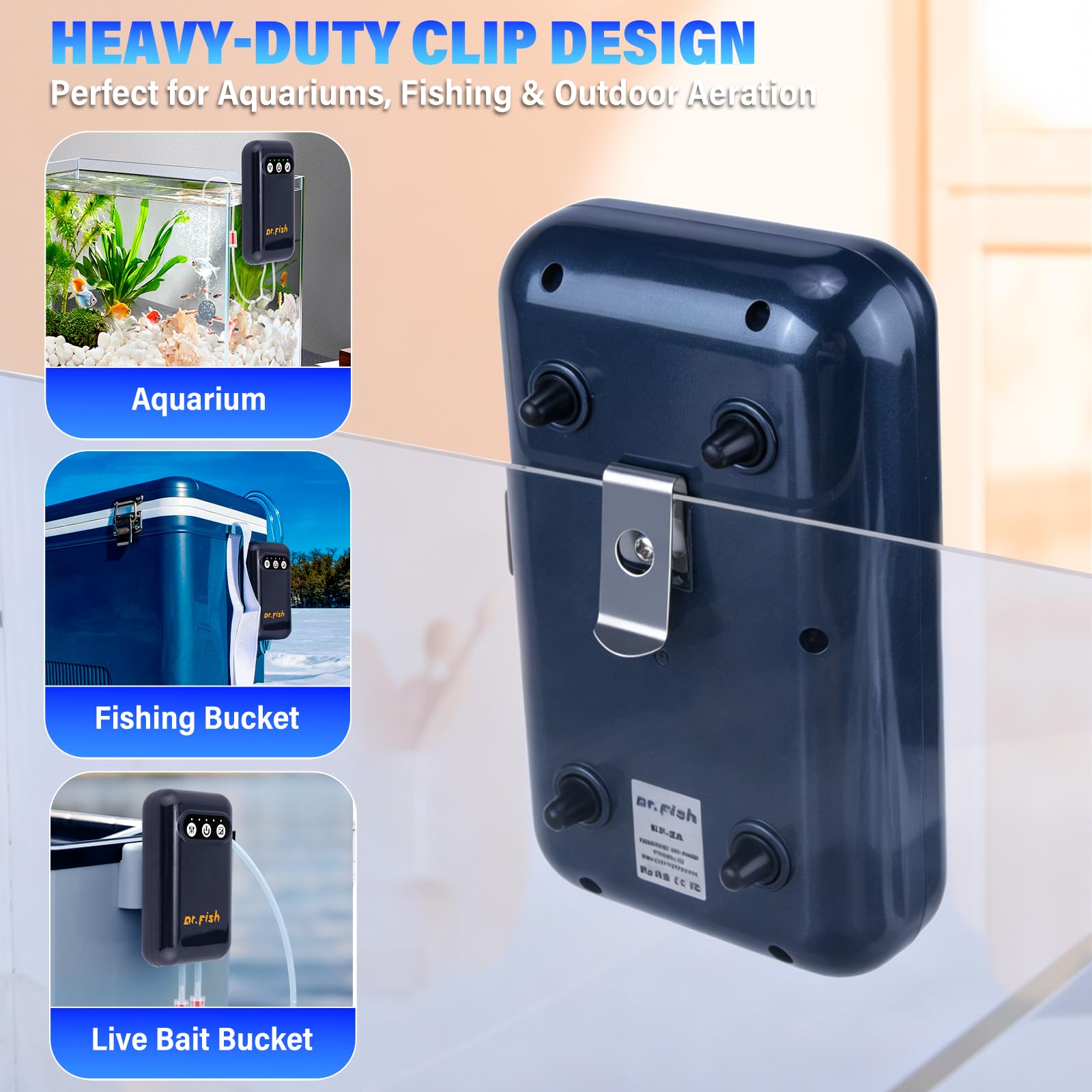 Dr.Fish Pompa ad aria per acquario, alimentata a batteria da 2600 mAh/5200 mAh, ricaricabile tramite USB, fino a 72 ore di durata, silenziosa, per pesca all'aperto