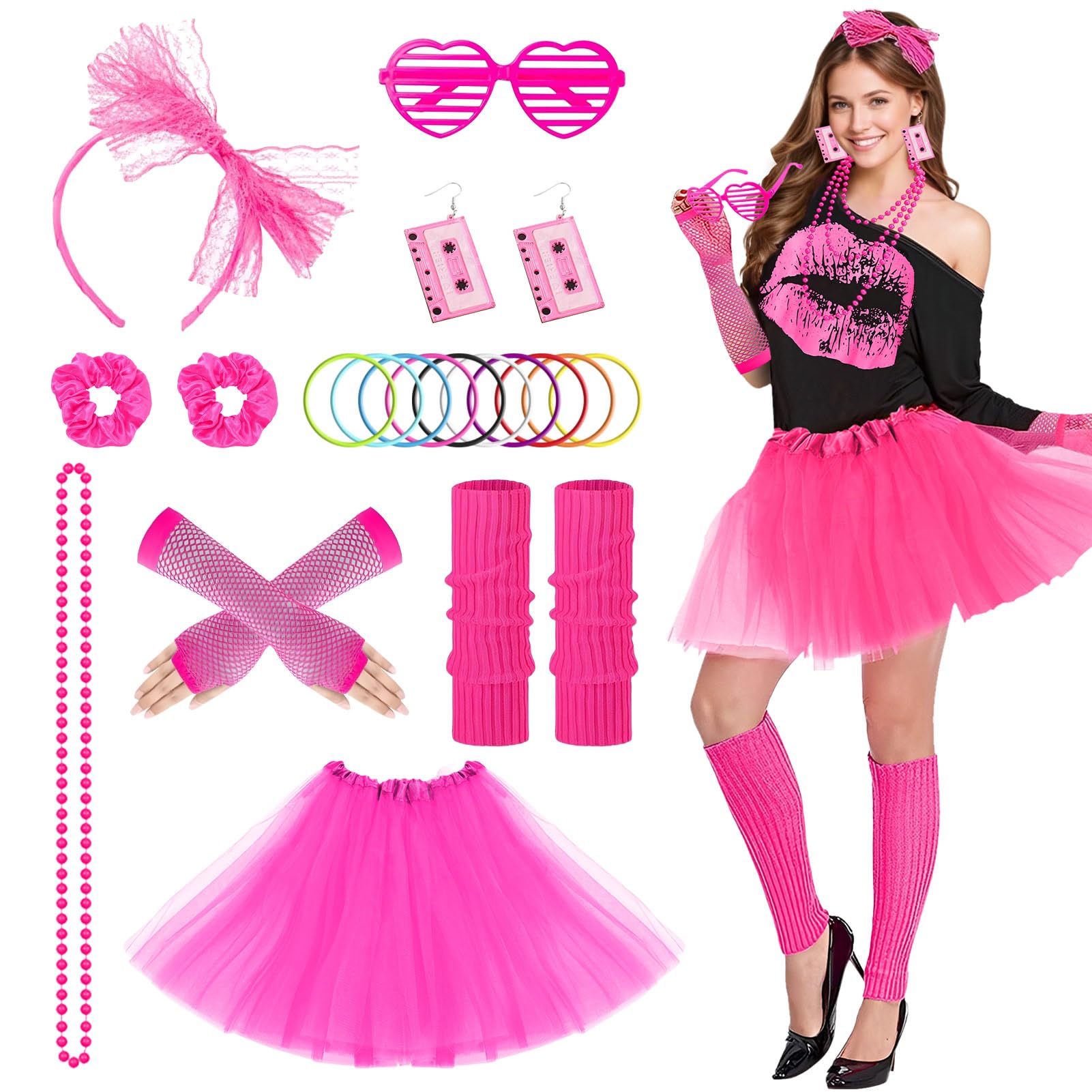 Suffolly 80s Fancy Dress for Women with 80s Accessories for Women 10PCS Neon Clothes Include T-Shirt Skirt Gloves Leg Warmers Necklaces Headband Earrings Bracelets glasses hair rings (Set B