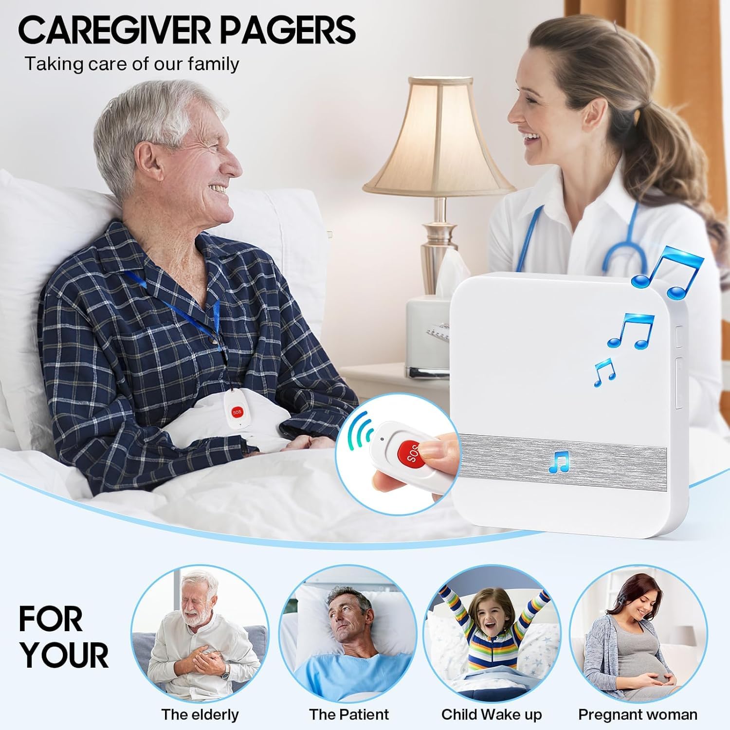 Sistema Di Chiamate Di Emergenza Per Infermieri Domestici, Ricevitore + Campanello + Pulsante Di Chiamata SOS, Caregiver Cercapersone Per Anziani/bambini/donne In Gravidanza, 52 Suonerie E Gamma 80m
