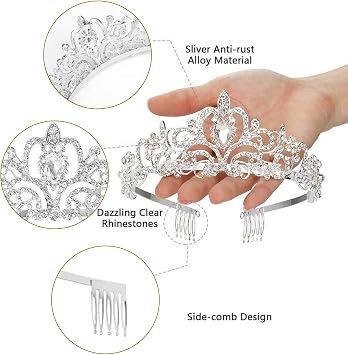 TSHAOUN Tiara with Comb Women Princess Headband Gift for Costume Wedding Crown Girls Crystal Tiara Princess Costume Crown Headband Bridal Wedding Handmade Hair Accessories Lady Queen Present (Silver)
