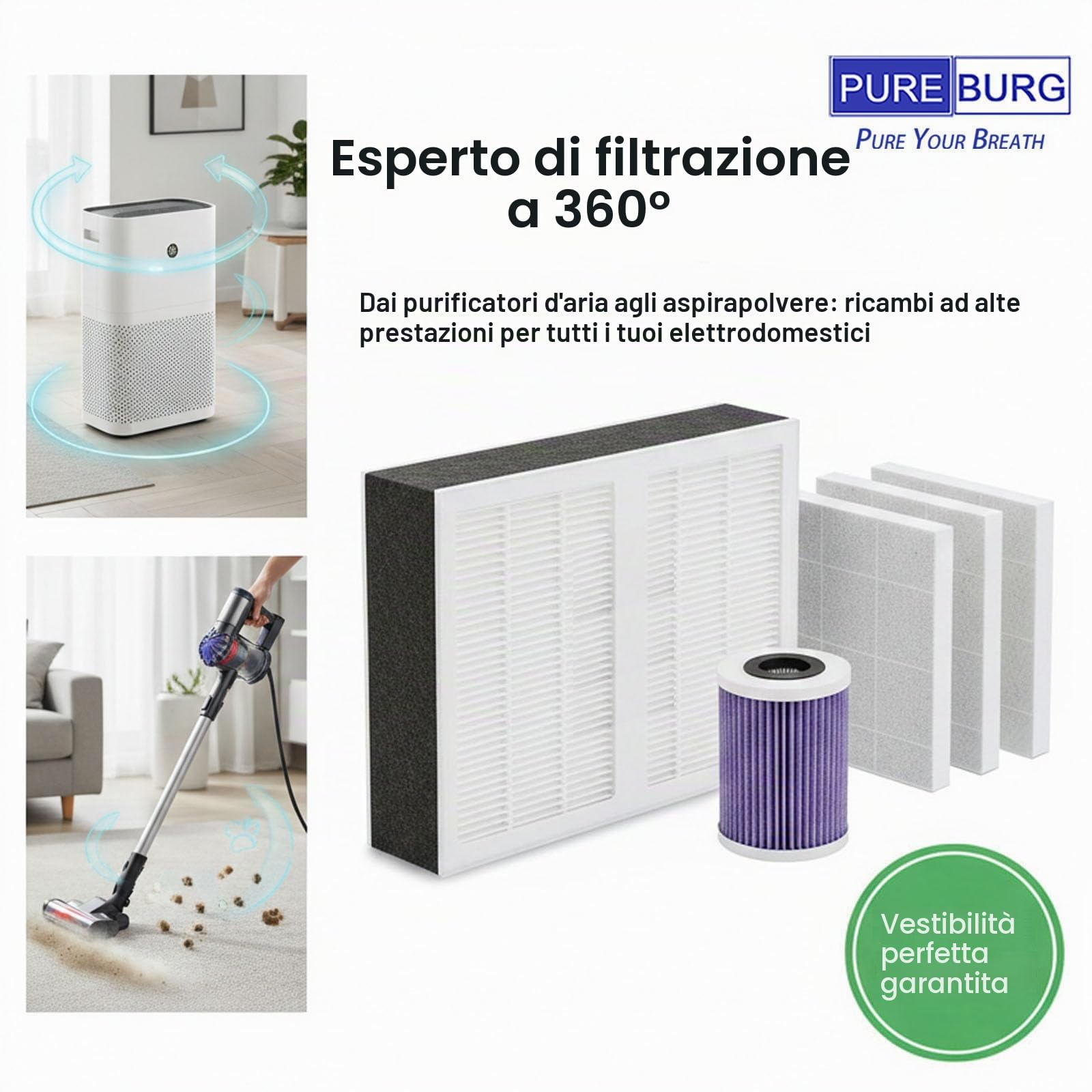 PUREBURG Filtro di ricambio compatibile con purificatore d'aria Hoover H-Purifier 500 e 700, confezione da 2 filtri H13 HEPA al carbone attivo a 3 stadi per la pulizia dell'aria