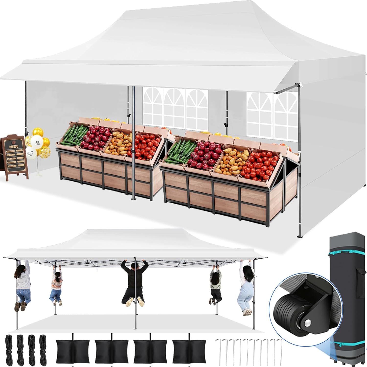cobizi 10x20 pop up canopy tent heavy duty with awning, outdoor commercial canopy with sidewalls, waterproof upf 50+ all season, vendor tent for market and party, white white 10x20 ft ( incomplete )