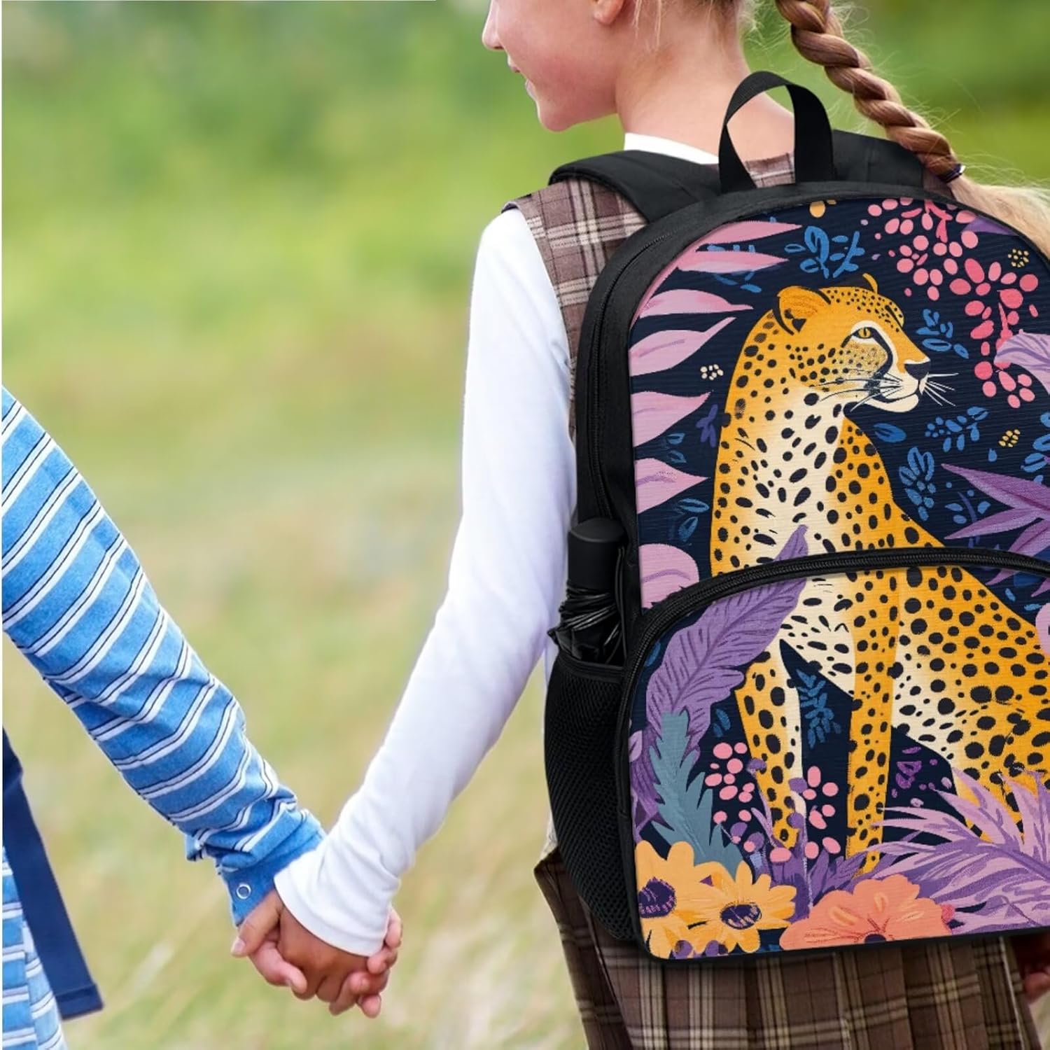Animal Print Backpack Set for Girls Tropical Floral Cheetah Backpack with Lunch Box Elementary Student Outing Daily Lightweight 17 Inch Bookbag Purple Cute School Bag