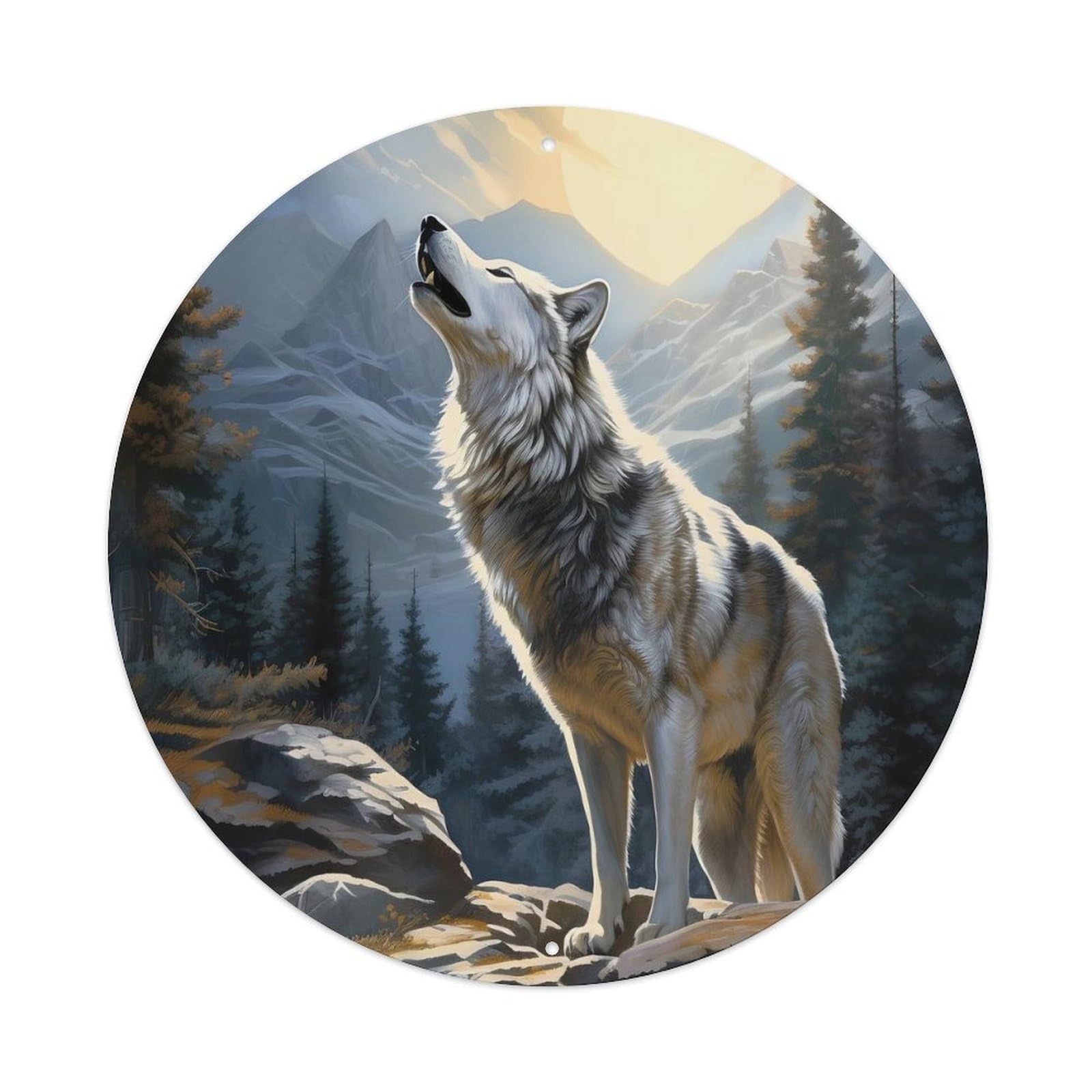 Visual Art Animal Howling Wolf Vintage Metal Tin Sign Plaque Wall Decor for Cafe, Club, Garden Round Metal Poster 8x8Inch