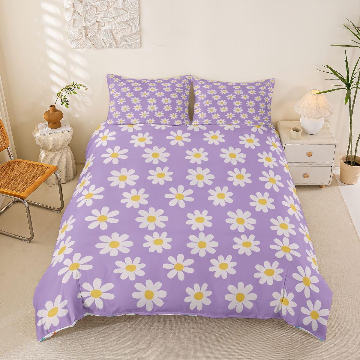 Housse de Couette 220x240cm Microfibre Violet Daisy Parure de Lit Fleurs Mignon