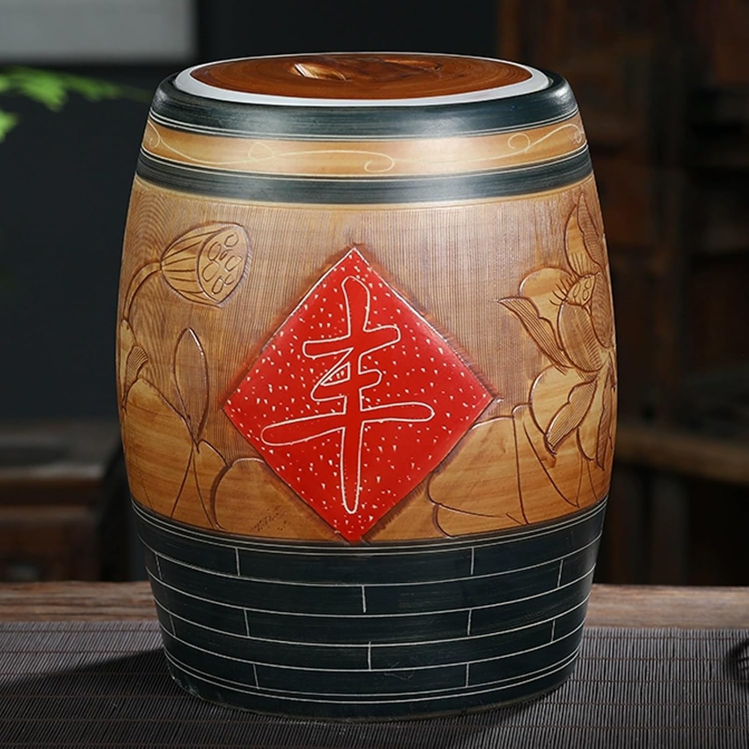 JKGHK Ceramic Rice Bucket, Food Storage Container with Lid and Built-in Handle, Large Ceramic Jar for Rice, for Rice, Soybeans, Corn, Flour, Oatmeal(Yellow,20kg)