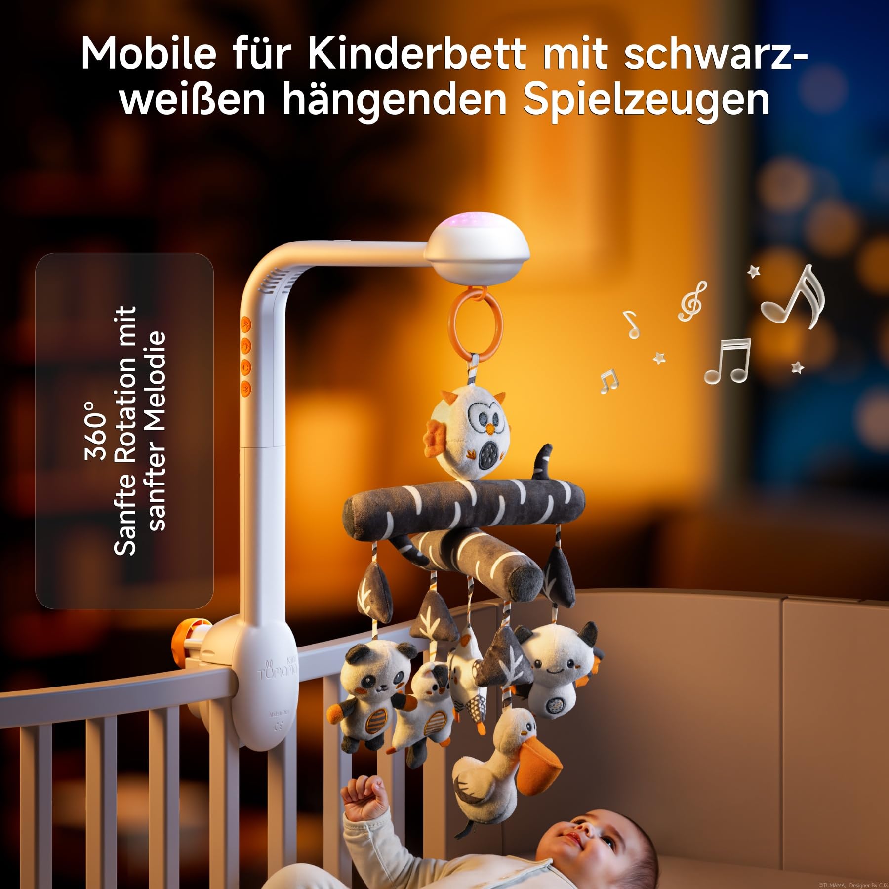 TUMAMA Baby Mobile Babybett Mit Musik, 3 In 1 Baby Mobiles Für Bett Mit Projektion Licht, Rotation, Musik Spieluhr, Drehbares Und Abnehmbares Greifspielzeug Zubehör Spielzeug Ab 0 2 3 6 9 12 Monate