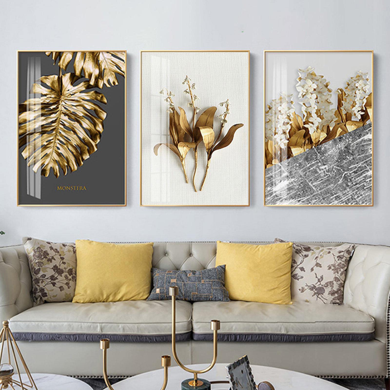 Poster affiche feuilles d'or triptyque abstrait moderne 50x70cm - 8