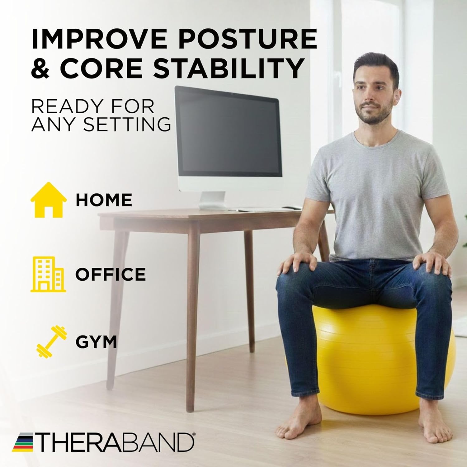 THERABAND Standard Exercise Ball, 18" Yellow Stability Trainer for 4'7"–5' Users, Yoga & Pilates Ball, Balance & Core Trainer, For Athletes Fitness at Gym & Home - Image 6