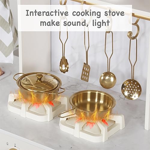 Miniatura 22 de Juego de cocina de madera con máquina de hielo, dispensador de agua, cafetera, juego de cocina de juguete para niños grandes con lavadora, fregadero