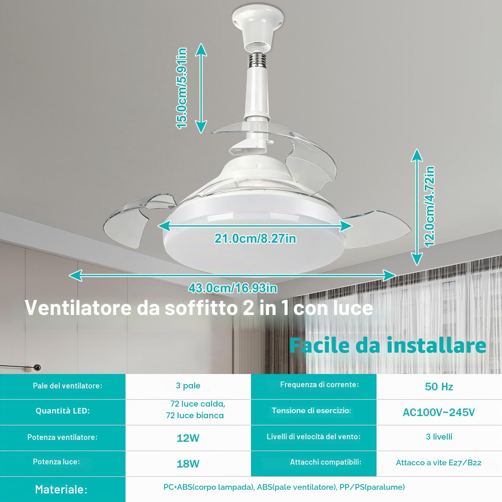 Herefun Ventilatore da Soffitto con Luce, 43CM Lampadario con Ventola pieghevole, E27 Silenziosa Plafoniera Led Soffitto Ventilatore con Telecomando, 3 Pale Nascoste, Memoria, Tempistica