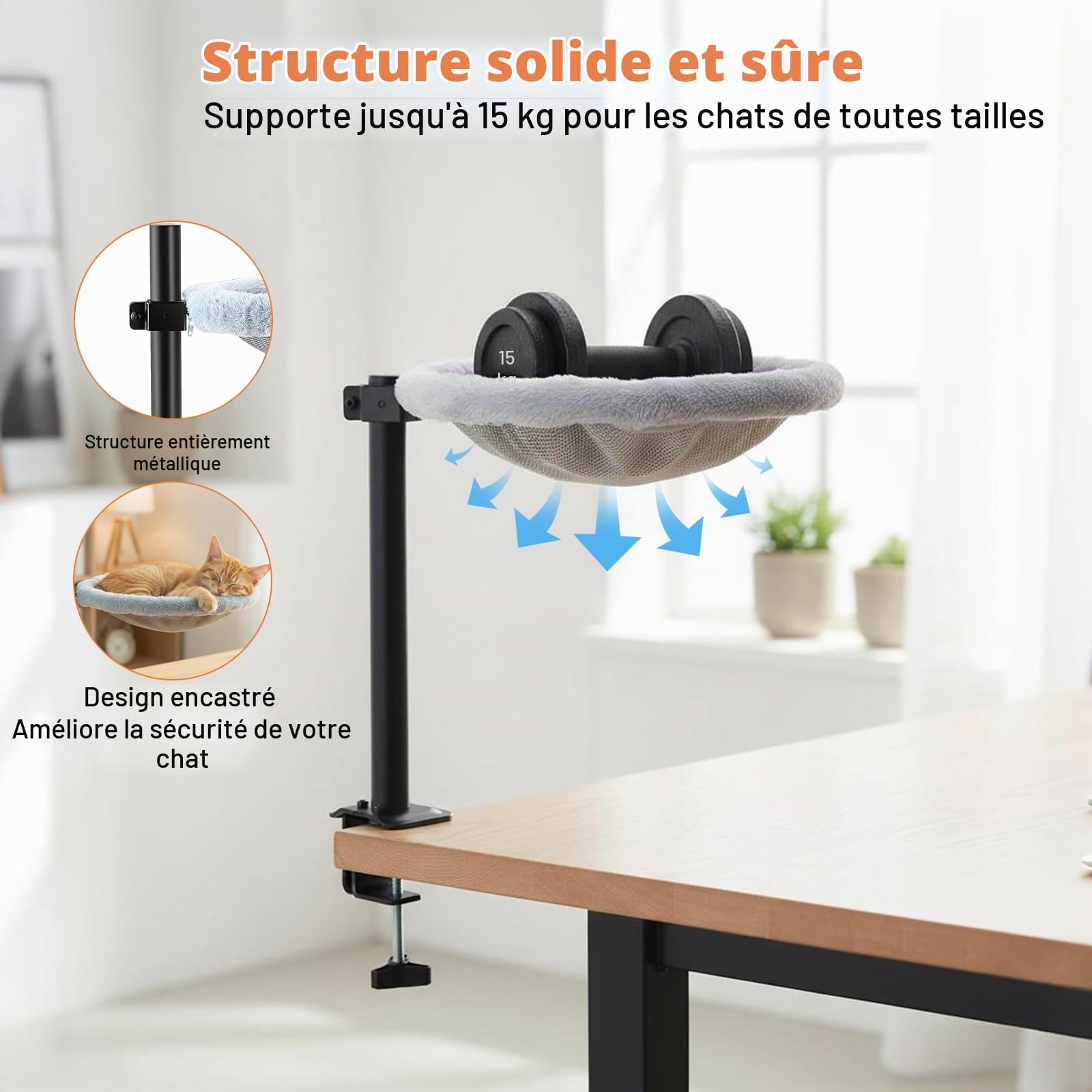 lit pour chat de bureau, panier chat pivotant à 360° et réglable en hauteur,hamac doux pour chat avec 2 housses lavables,Idéal pour dormir la maison ou au bureau, utilisable en toutes saisons