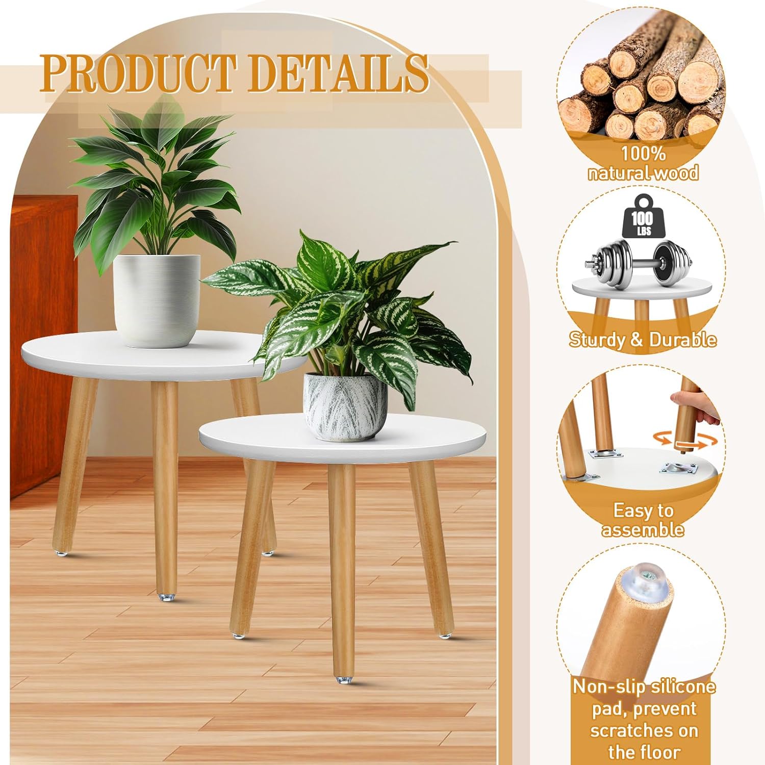 Briwooody 2 Pcs Wood Plant Stands Indoor Wooden Stool for Plants Mid Century Vintage Modern Flower Pots Holder Round Side Table End Table Plant Stools for Living Room Corner Balcony Decor