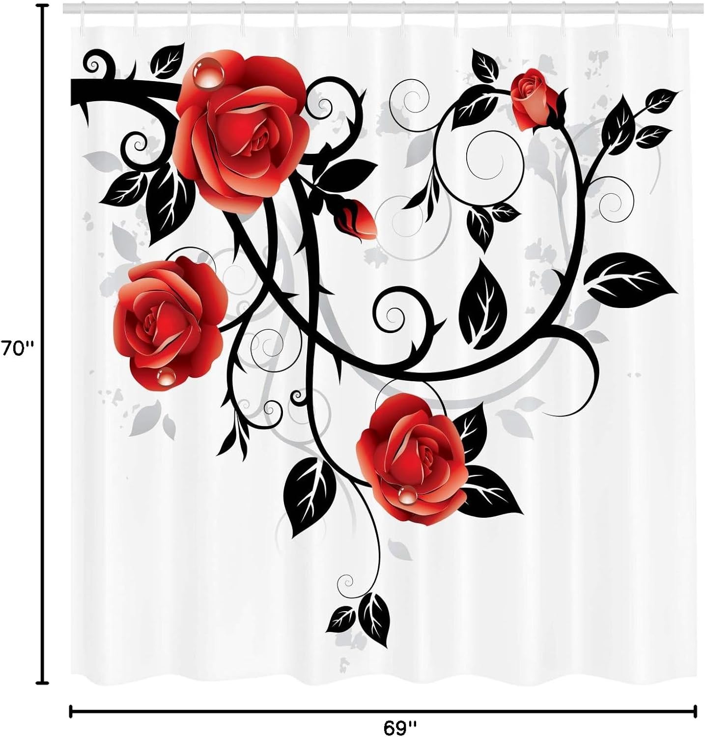 Ambesonne Gothic Shower Curtain, Ornate Swirling Branches Roses Garden Flower Grunge Style European, Cloth Fabric Bathroom Decor Set with Hooks, 69" W x 70" L, Vermilion Black White