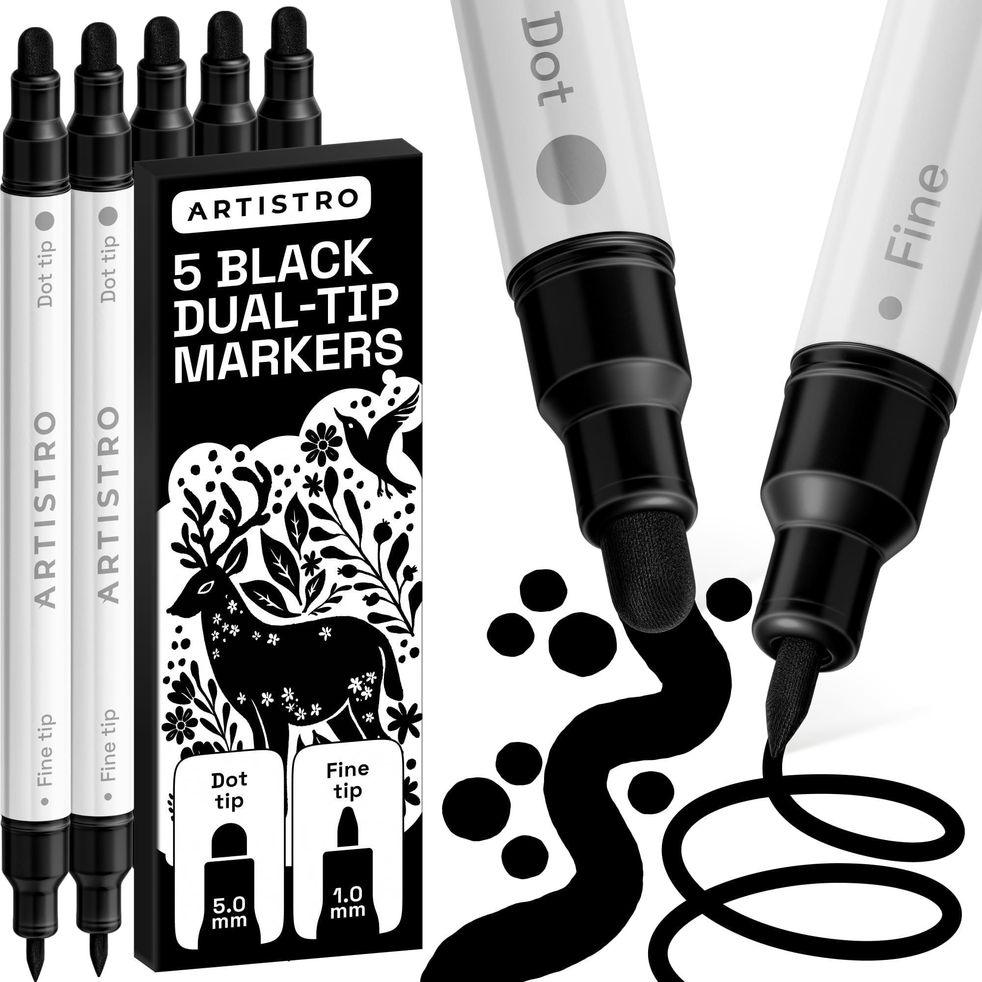 ARTISTRO 5 Black Acrylic Paint Pens Dual-Tip Dot+Fine for Rock & Glass