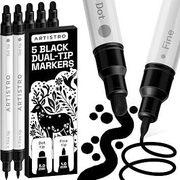 ARTISTRO 5 Black Dual-Tip Acrylic Paint Markers Paint Pens Set with Dot & Fine Tips for Fabric, Rock, Glass, Wood, Coloring Books Arts & Crafts Gift Classroom Must Haves & School Supplies