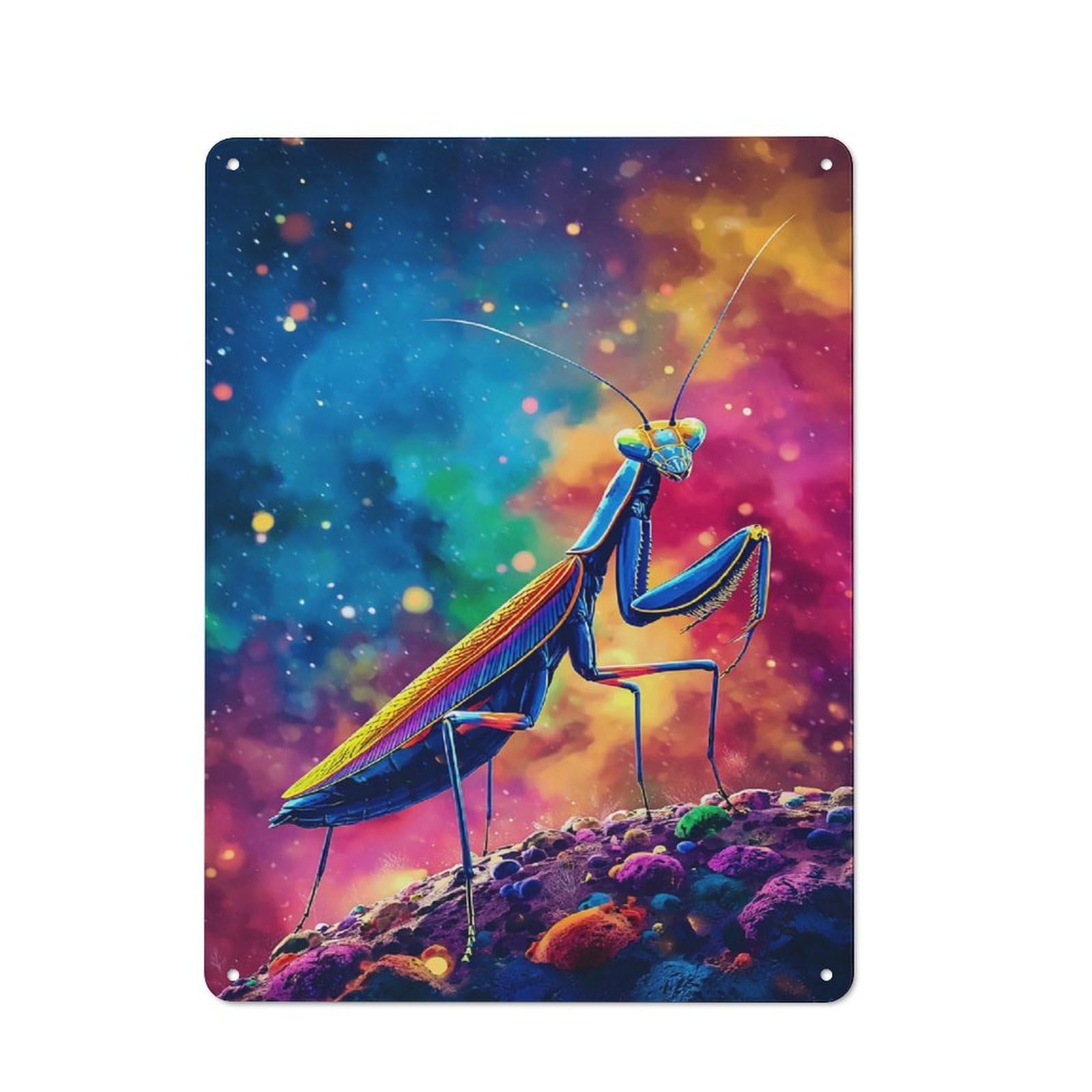 Junmoney Colorful Praying Mantis In Space Classic Metal Wall Decor 40X30cm, Decorative Tin Plaque For Cafe, Pub, Workshop Or Home Bar