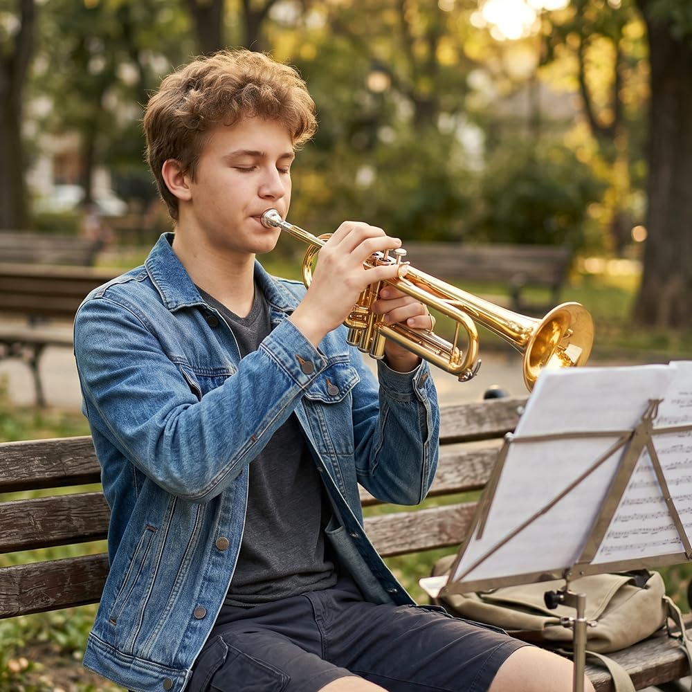 Standard Bb Trompete Set für Anfänger, Studenten Trompete, Messing Trompeteninstrument, B Flach, mit 7C Mundstück, Reinigungstuch, Handschuhen und Hartschalenkoffer (Golden)
