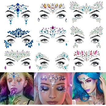 Amaza 9 pieces face gemstones glitter face gemstones self-adhesive face glitter stones face glitter stones self-adhesive for festival make-up