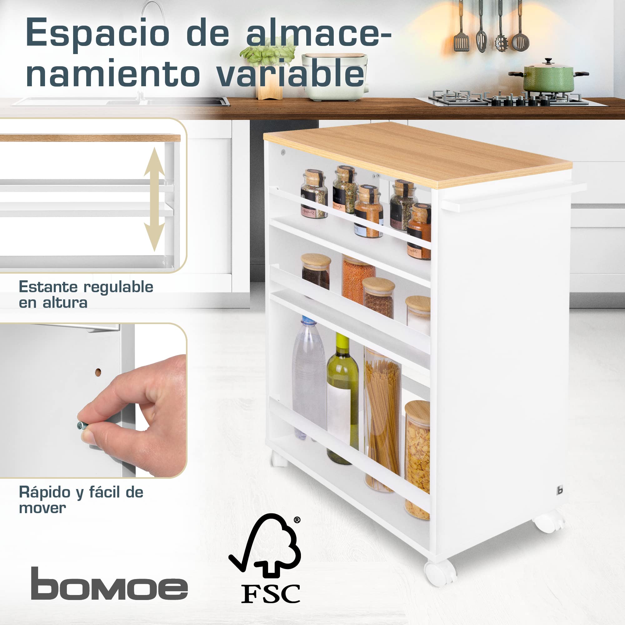 bomoe Carro de Cocina con 4 Ruedas de Servicio 3 Niveles Ajustables Madera | Roble y blanco encimera FSC® de baño de nicho independiente 3 carron carrito mueble auxiliar Bengt