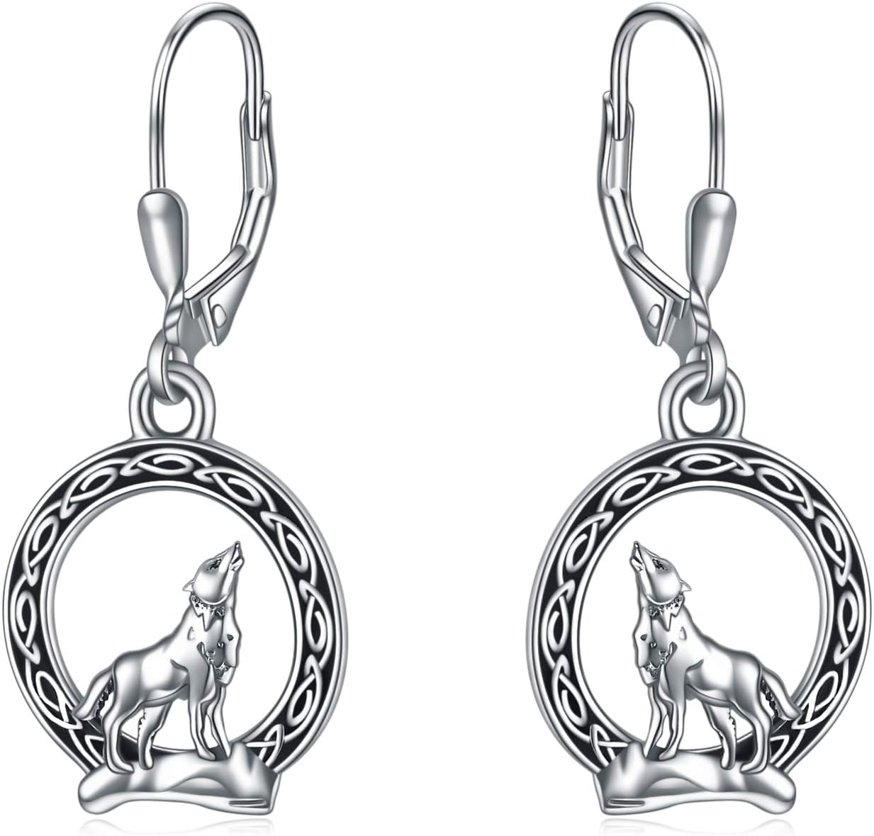 YFN Viking Wolf Dangle Drop Earrings Sterling Silver Norse Celtic Wolf Moon Earrings for Women