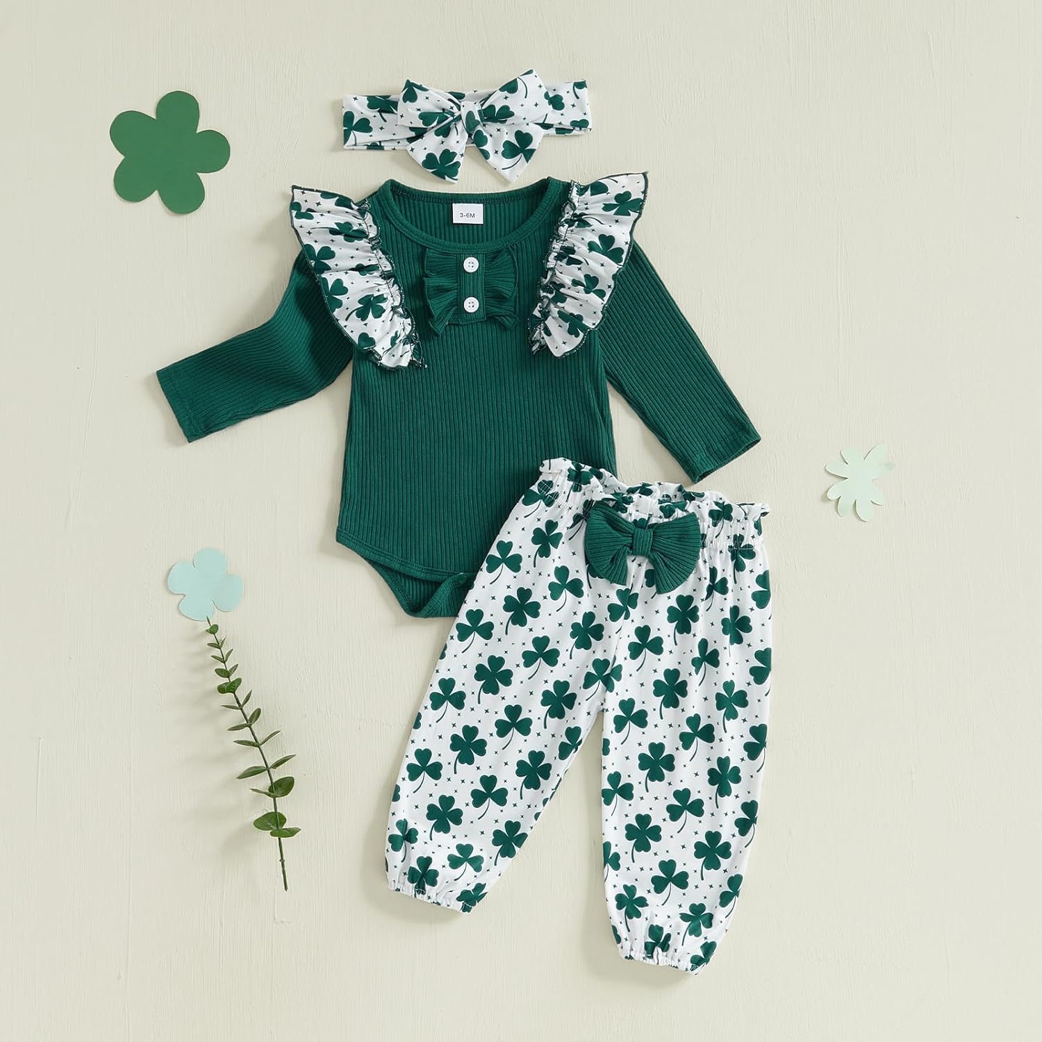 Newborn Baby Girl Valentines Day Outfit Cute St Patricks Day Outfit Ribbed Long Sleeve Romper Bodysuit Pants Set - Image 5
