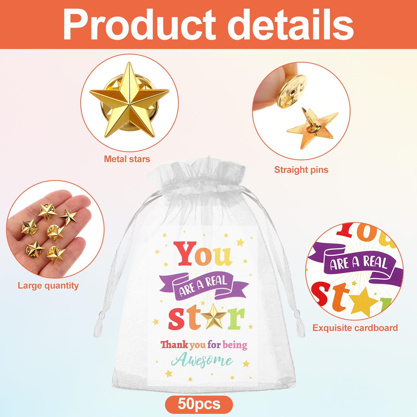 50 Sets Employee Appreciation Gifts Bulk Include Star Badge Lapel Pin Inspirational Greeting Cards Organza Bag Thank You Gift for Teacher Staff Coworkers Employee Volunteer Easter Party Supplies - Image 4