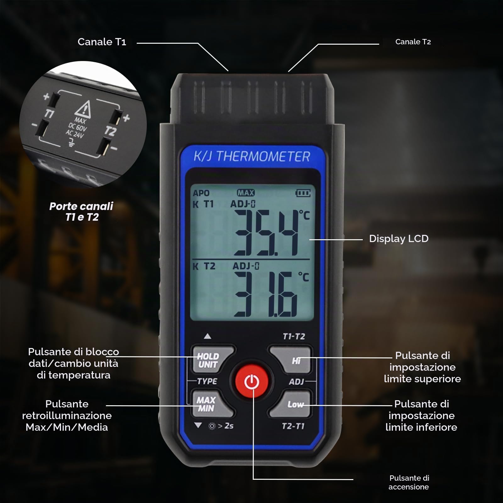Termómetro K/J de doble canal con 4 sondas y 2 abrazaderas para tubos: de -200 °C a 1372 °C (de -328 °F a 2501 °F), alarma y retroiluminación. Ideal para herramientas de climatización (HVAC).
