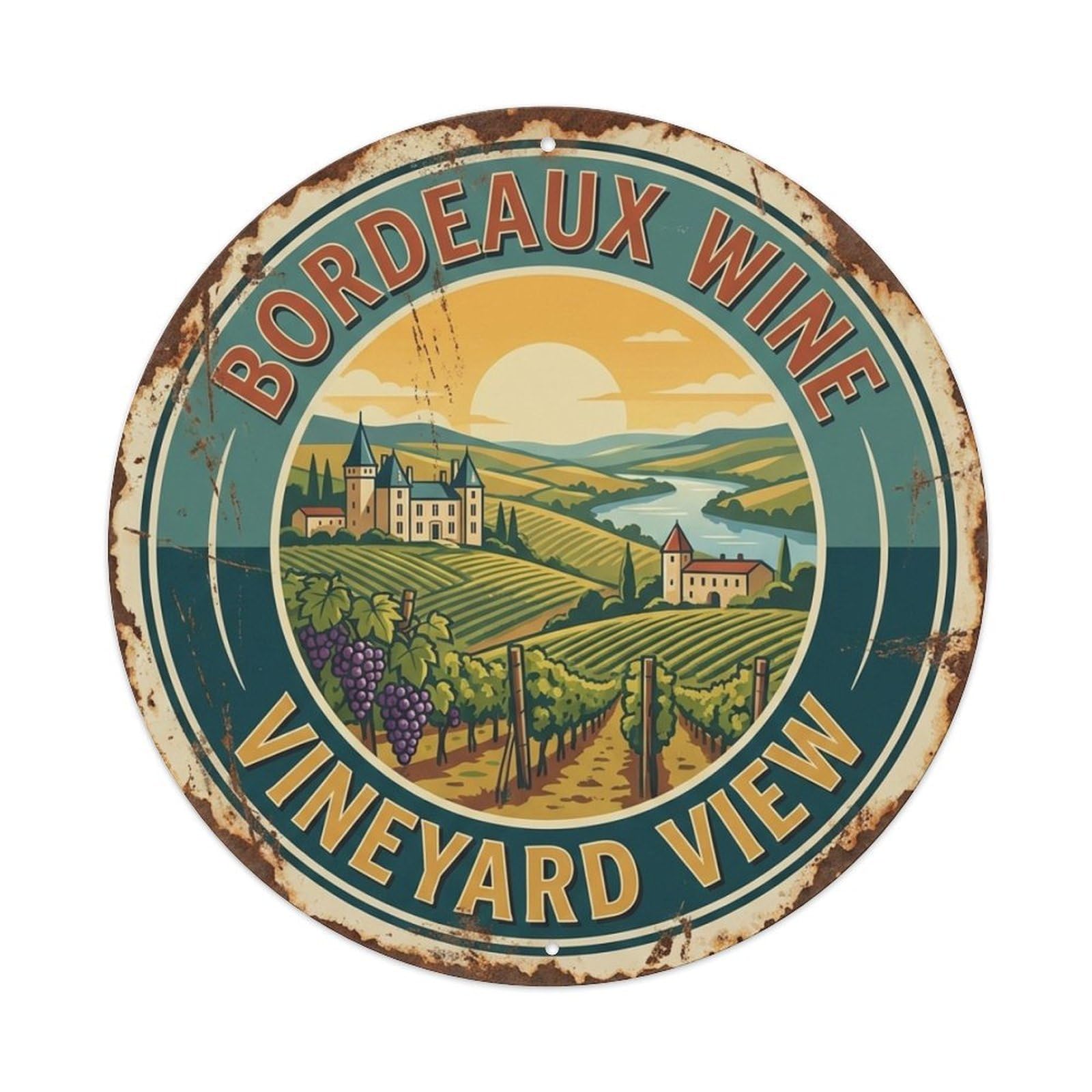Retro Grape Harvest Wine Vineyard View France Bordeaux Metal Tin Sign