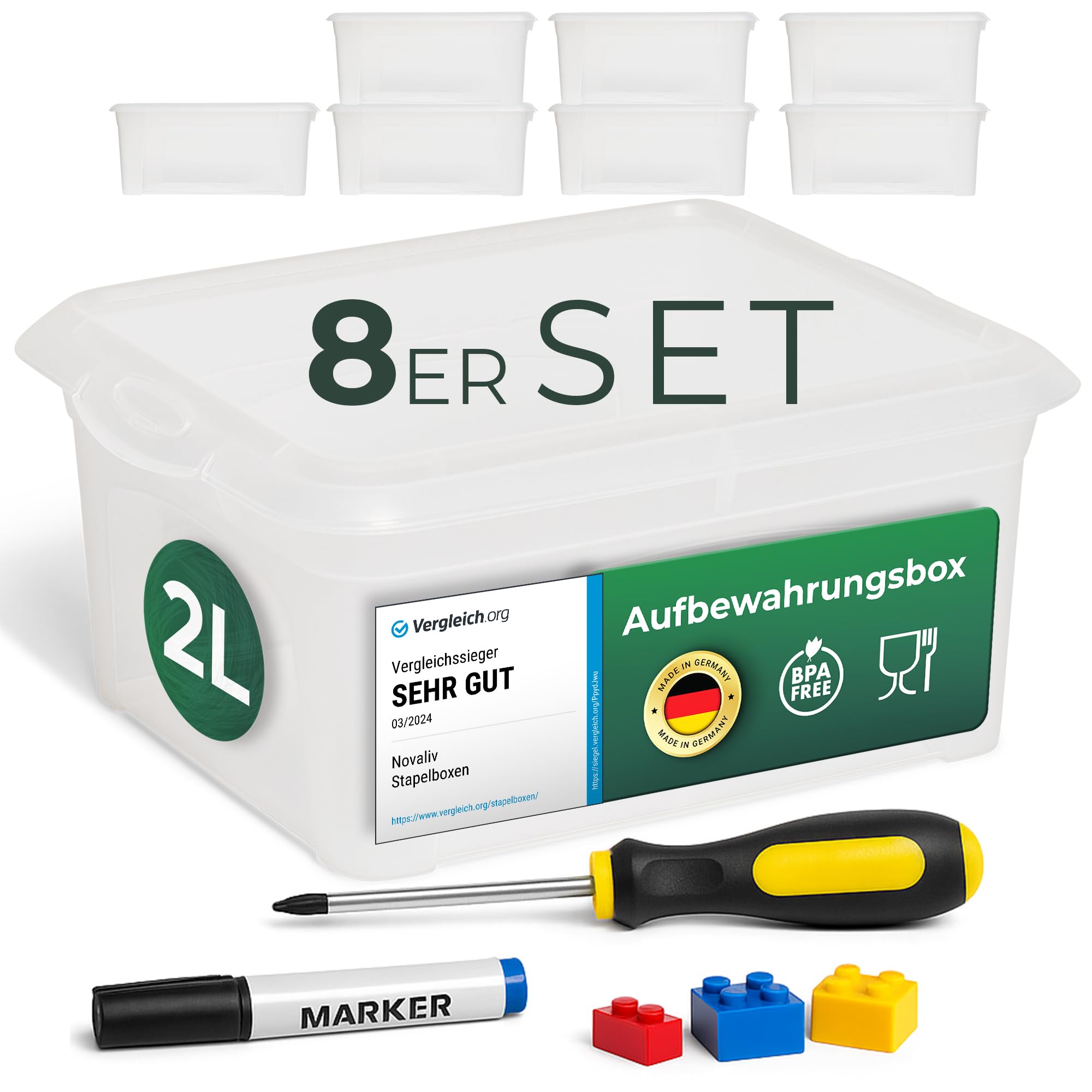 Novaliv 8x Aufbewahrungsboxen mit Deckel klein 2 L transparente Nestbar stapelbare Plastikboxen mit Clipverschluss Kunststoff BPA-frei 20x16,5x9 cm