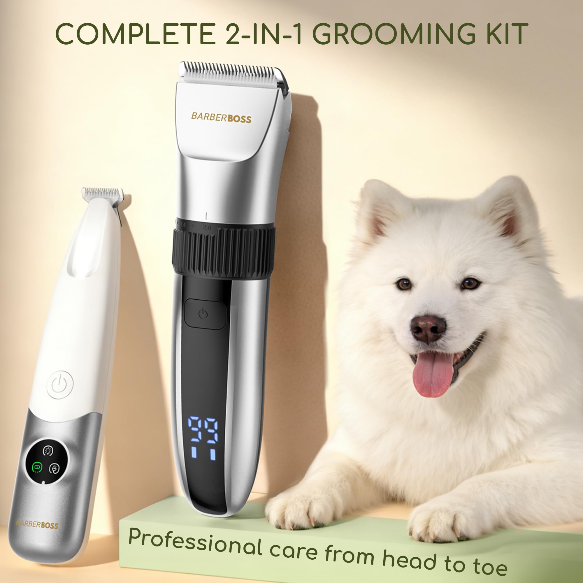 BarberBoss Kabelloser Haustier-Fellpflege-Clipper, Keramikklingen, LED-Display, schnelles Aufladen, elektrische Haustierschneidemaschine für Hunde und Katzen (Silber und Weiß) | Für Hunde und Katzen, Geräuscharm, LED-Anzeige, Wasserdicht, USB-aufladbar, K