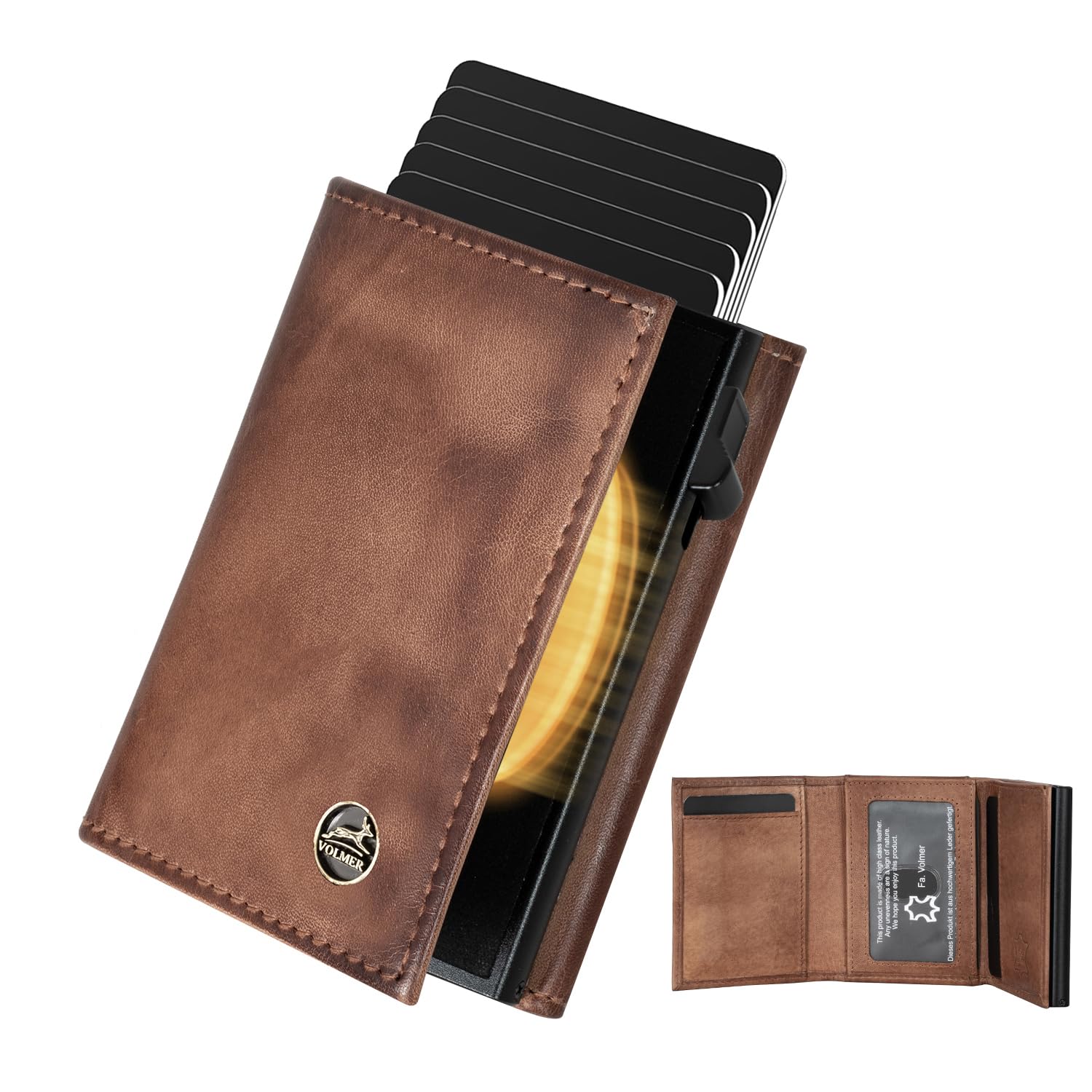 Fa.Volmer Étui pour Cartes Pop-up avec Compartiment à Monnaie en Cuir véritable pour Homme et Femme | 11 Cartes | Protection RFID (Antique Brown, Grand Compartiment à Monnaie)