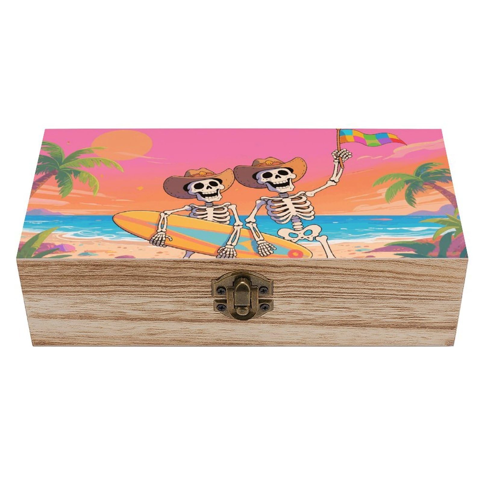VstaDank Funny Skull Wooden Storage Box Vintage Style Wooden Storage Case with A Hinged Lid Memory Treasure Boxes Decorative Jewelny Photos for Organizer 7.9 * 3.7 * 2.3 Inch