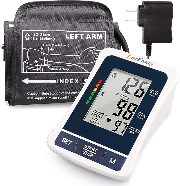 LotFancy Moniteur de pression artérielle, automatique BP Cuff (8,6-14,2) Kit de machine, jauge numérique du bras, appareil d'essai précis, maison portable BP Compteur - 120 Sets Mémoire, Grande LCD Affichage, M Cuff
