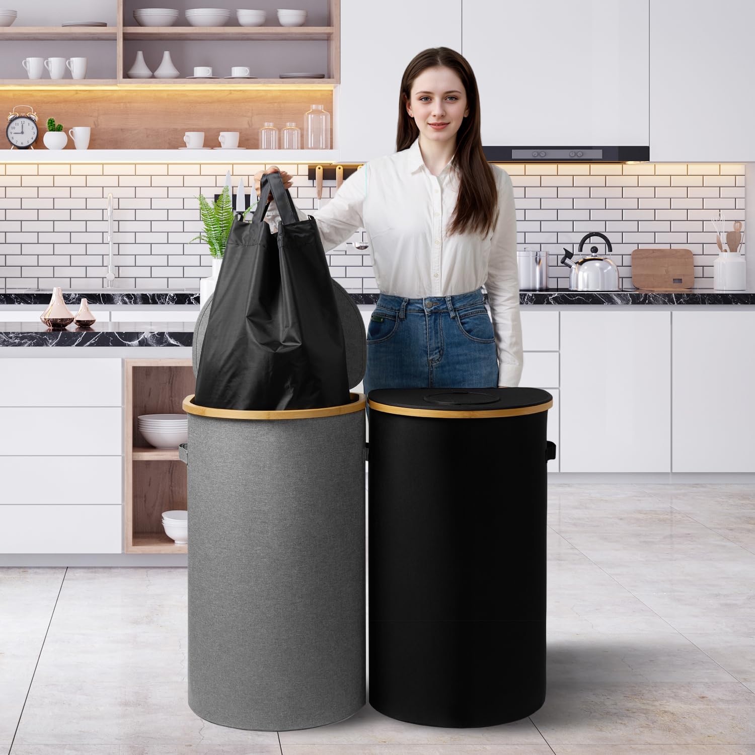 REKITA Contenitore Raccolta Bottiglie Vuote 100L - 2 Pezzi Con Coperchio E Sacco Interno Rimovibile, Per Plastica E Vetro, Grigio/Beige/Nero - 2